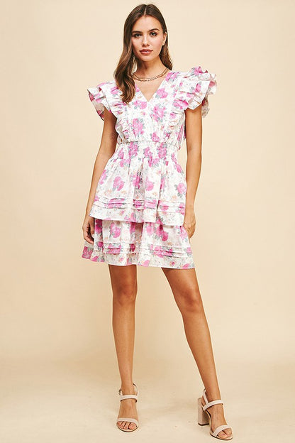 Ivory/Pink Floral Pleated Mini Dress