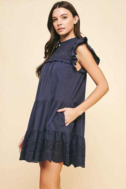 Navy Embroidered Lace Tiered Mini Dress