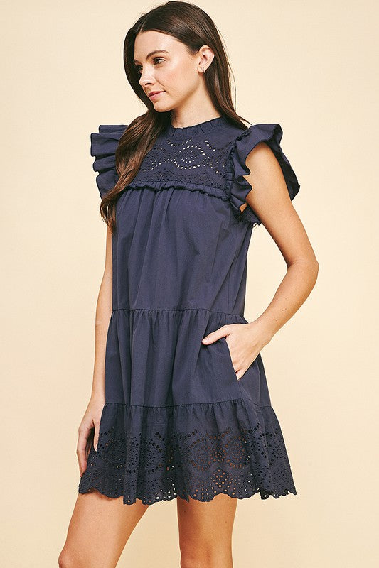 Navy Embroidered Lace Tiered Mini Dress