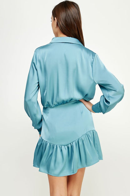 Slate Blue Ruffled Satin Dress