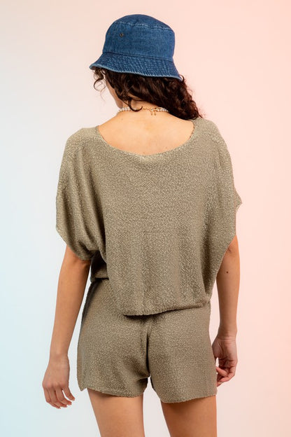 Olive Solid Knit Sweater Short Set
