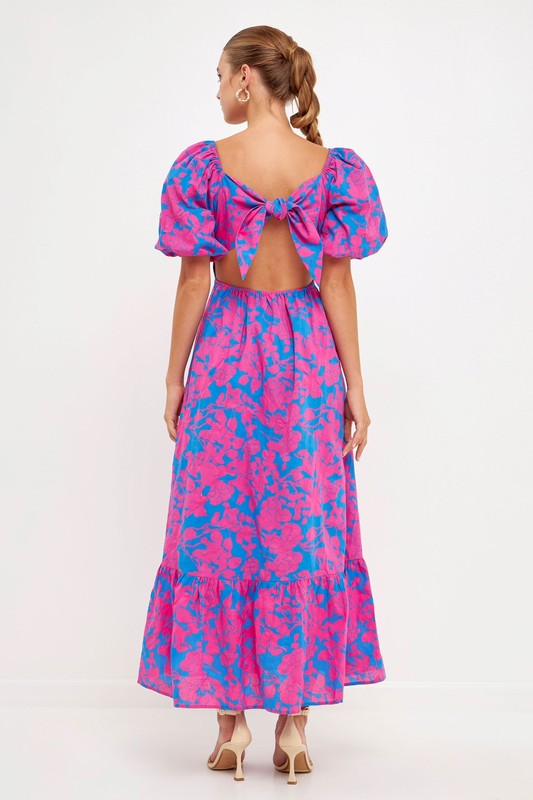 Blue/Fuchsia Floral Puff Slv Maxi Dress