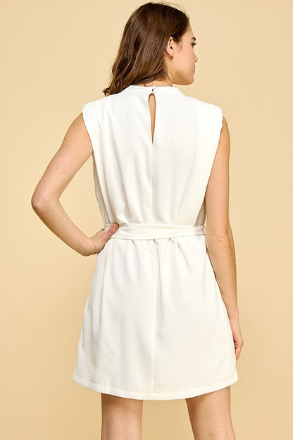 White Shoulder Pad Belt Dress