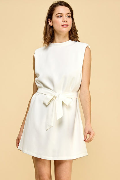 White Shoulder Pad Belt Dress