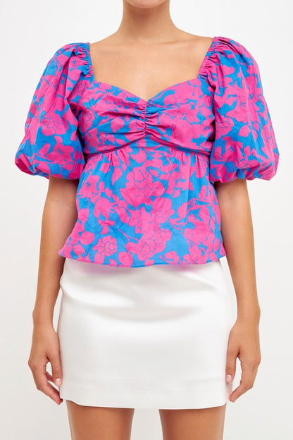 Blue/Fuchsia Floral Puff Slv Back Tie Top