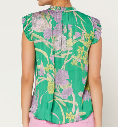 Green/Purple Floral S/S Pleated Blouse