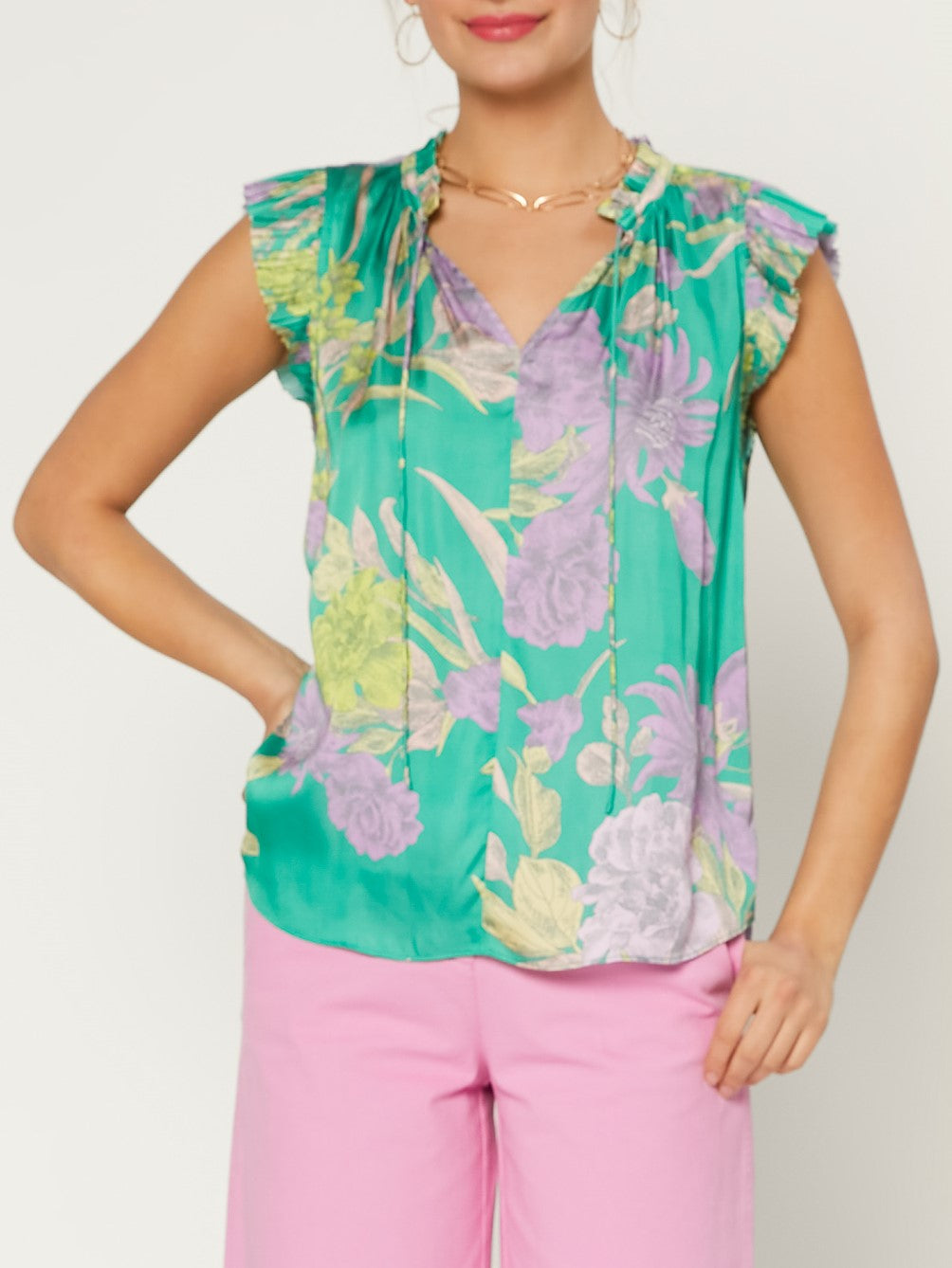 Green/Purple Floral S/S Pleated Blouse