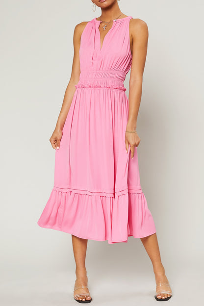 Pink S/L Halter Pleated Midi Dress