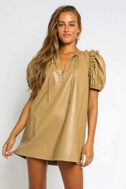 Natural Brown Leather Puff Sleeve Dress