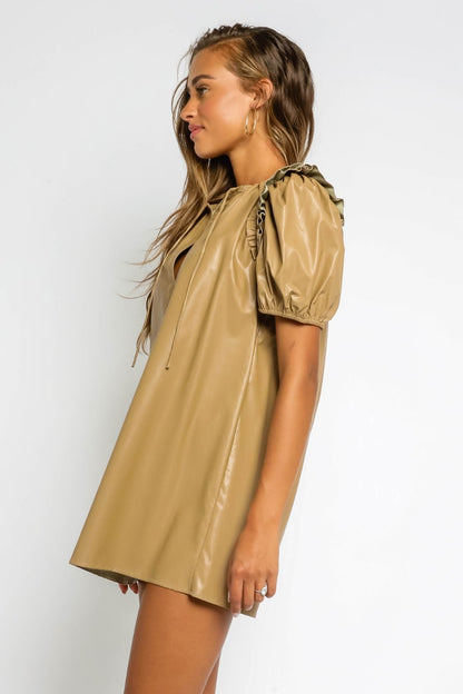 Natural Brown Leather Puff Sleeve Dress