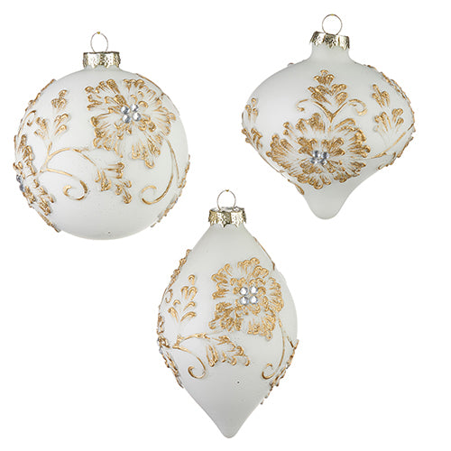 4" White/Gold Floral Ornament