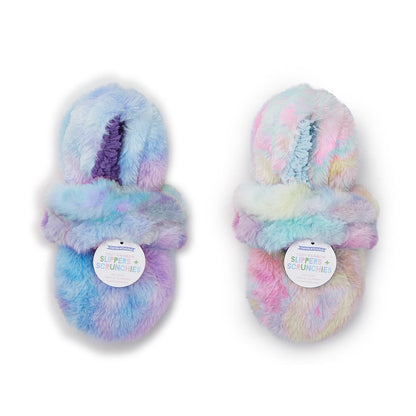 Fuzzy Rainbow Slippers & Scrunchie Set
