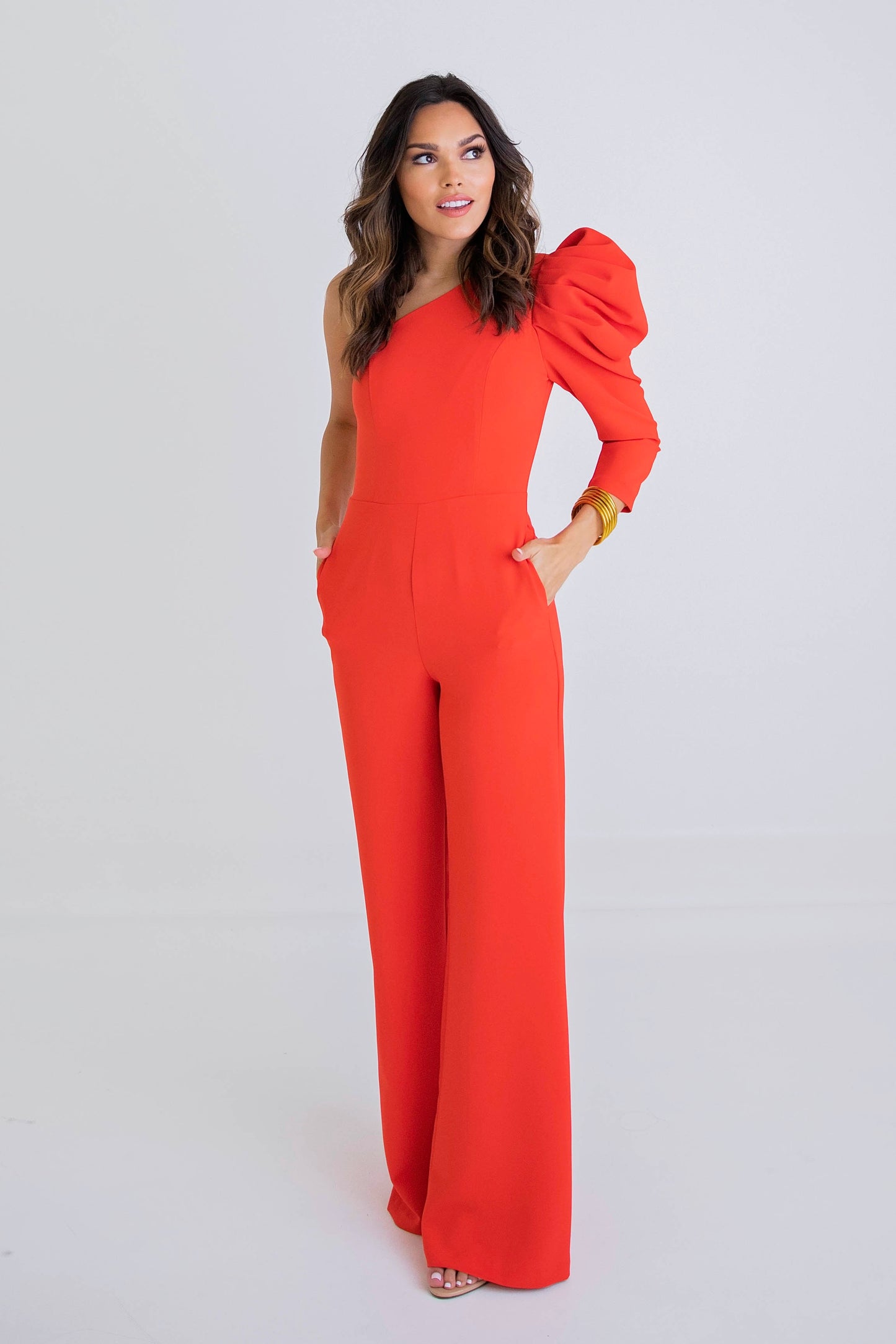 Red Solid Puff Slv One Shldr Jumpsuit