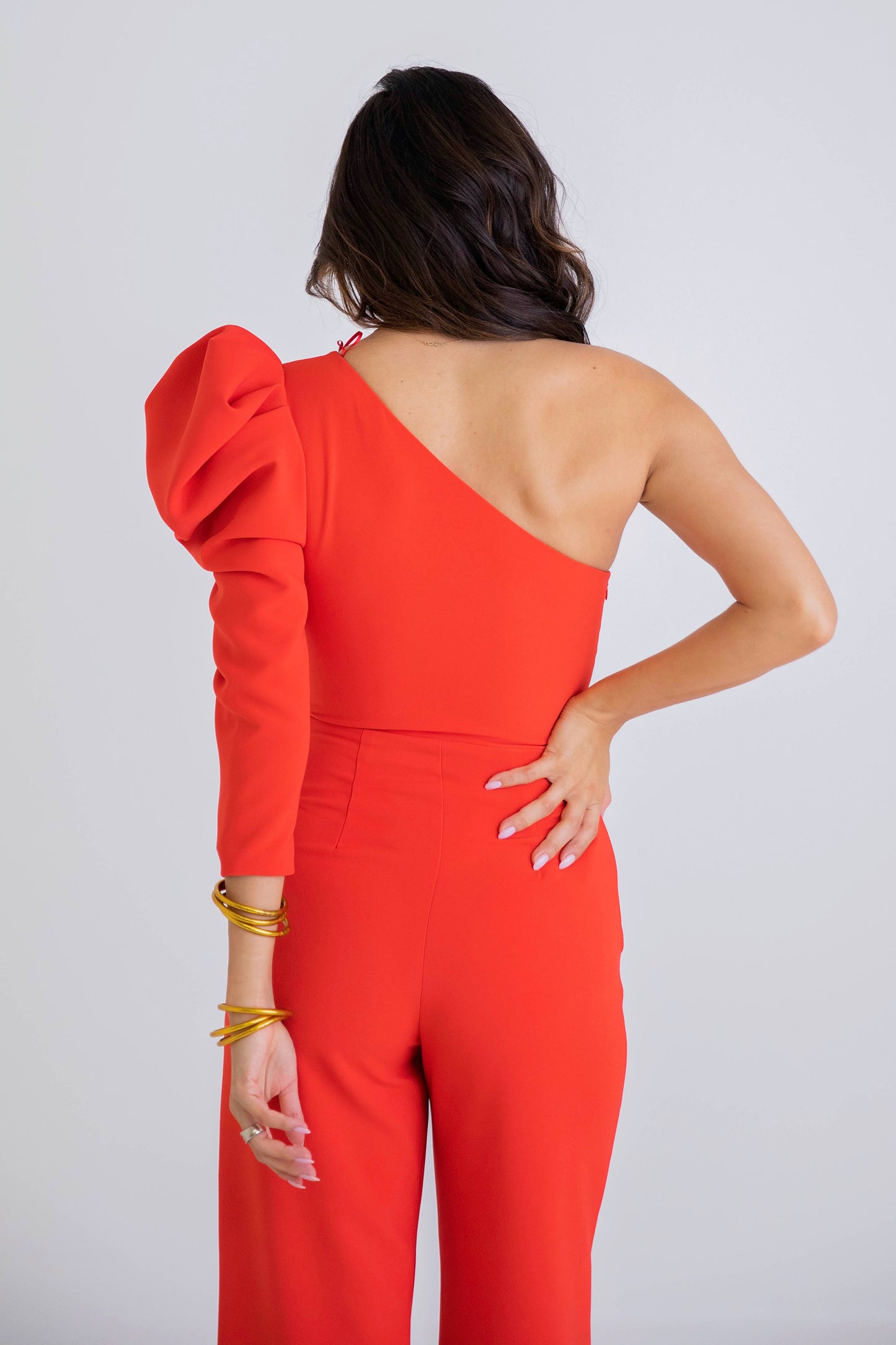 Red Solid Puff Slv One Shldr Jumpsuit
