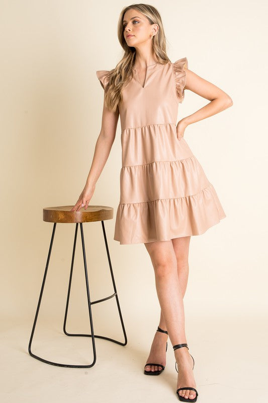 Beige Tiered Ruffle Slv Leather Dress