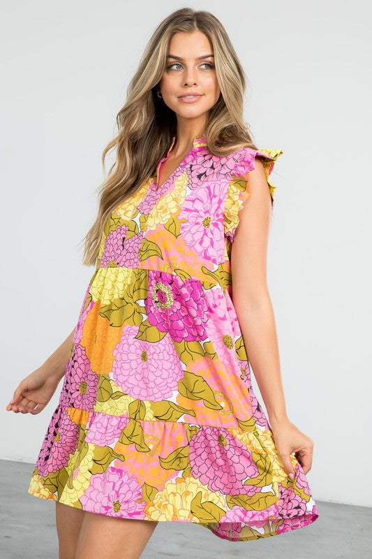 Pink/Yellow Floral Print Dress