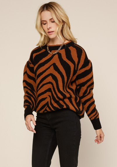 Brown/Black Zebra Print L/S Knit Sweater