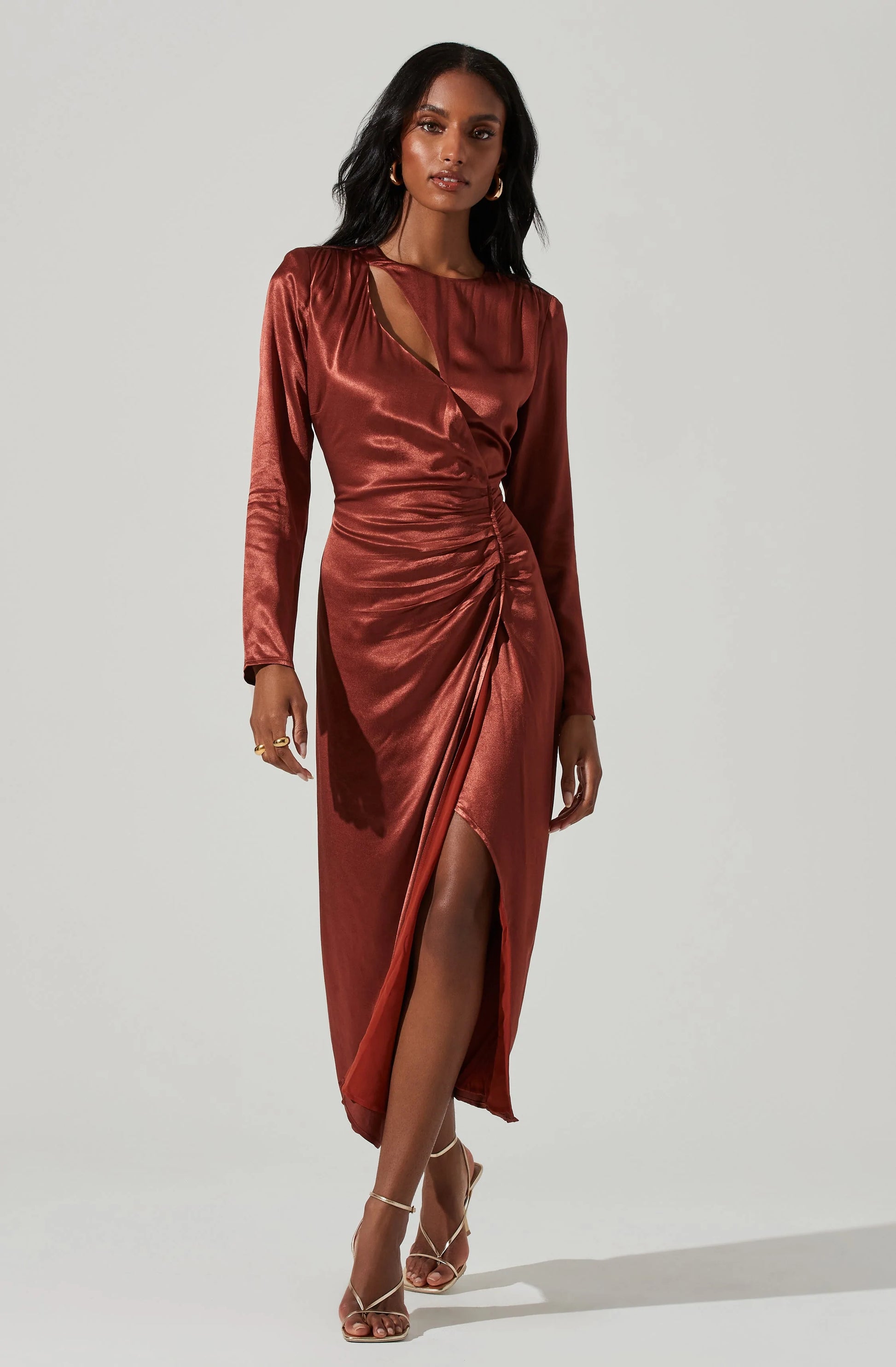 Rust Mariposa Satin Ruched Midi Dress