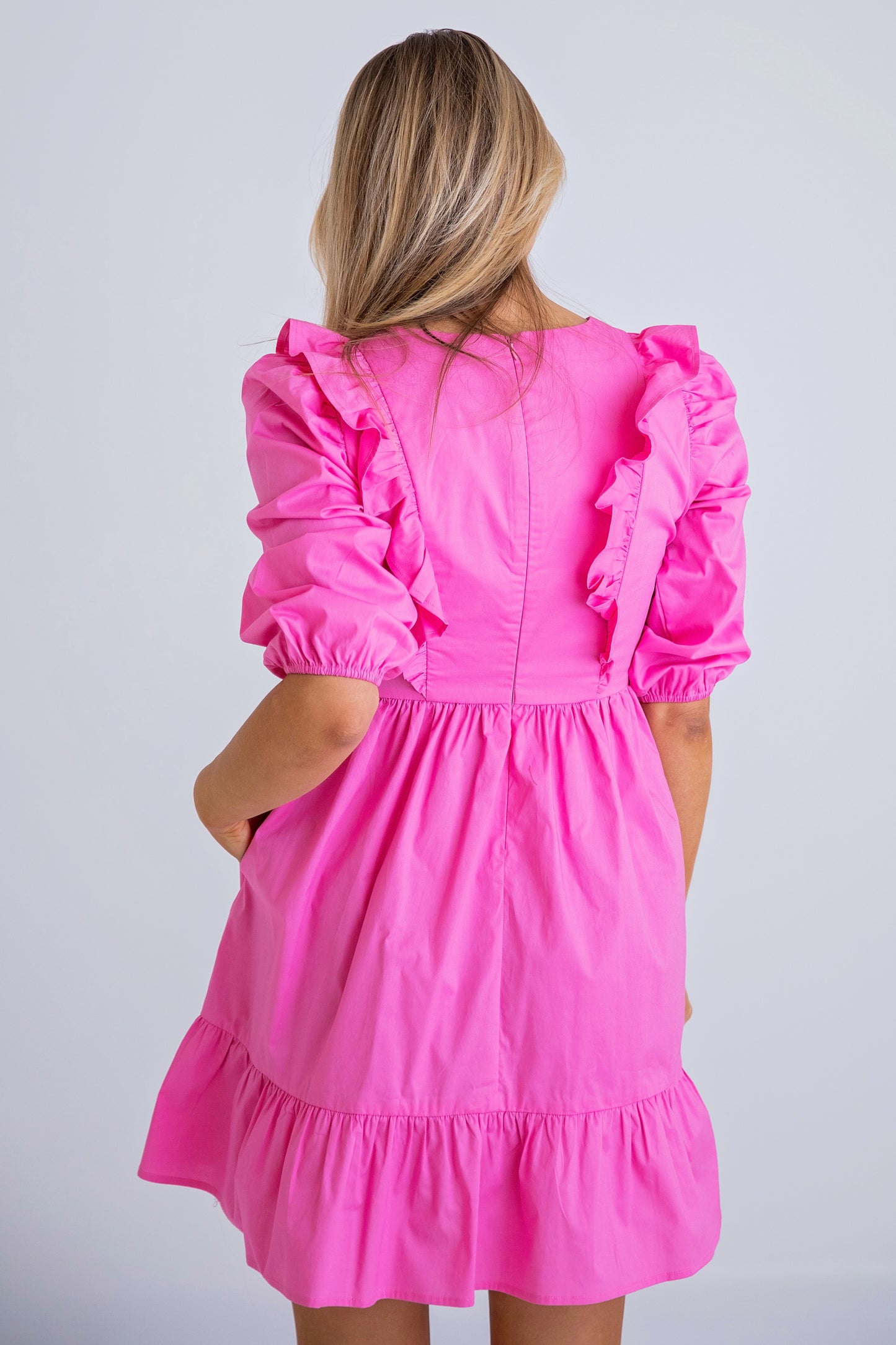 Pink Solid Poplin Ruffle Tier Dress