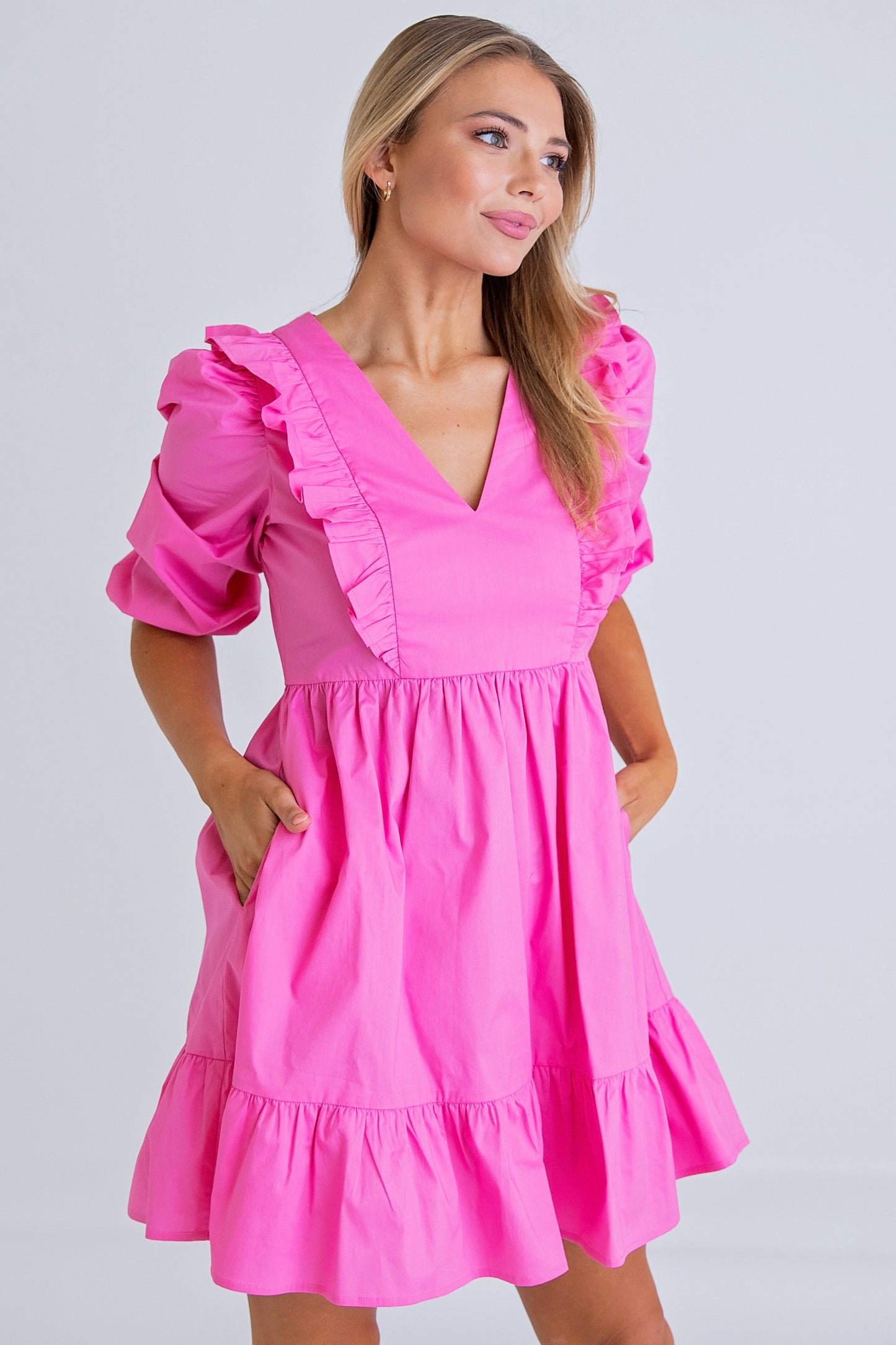 Pink Solid Poplin Ruffle Tier Dress
