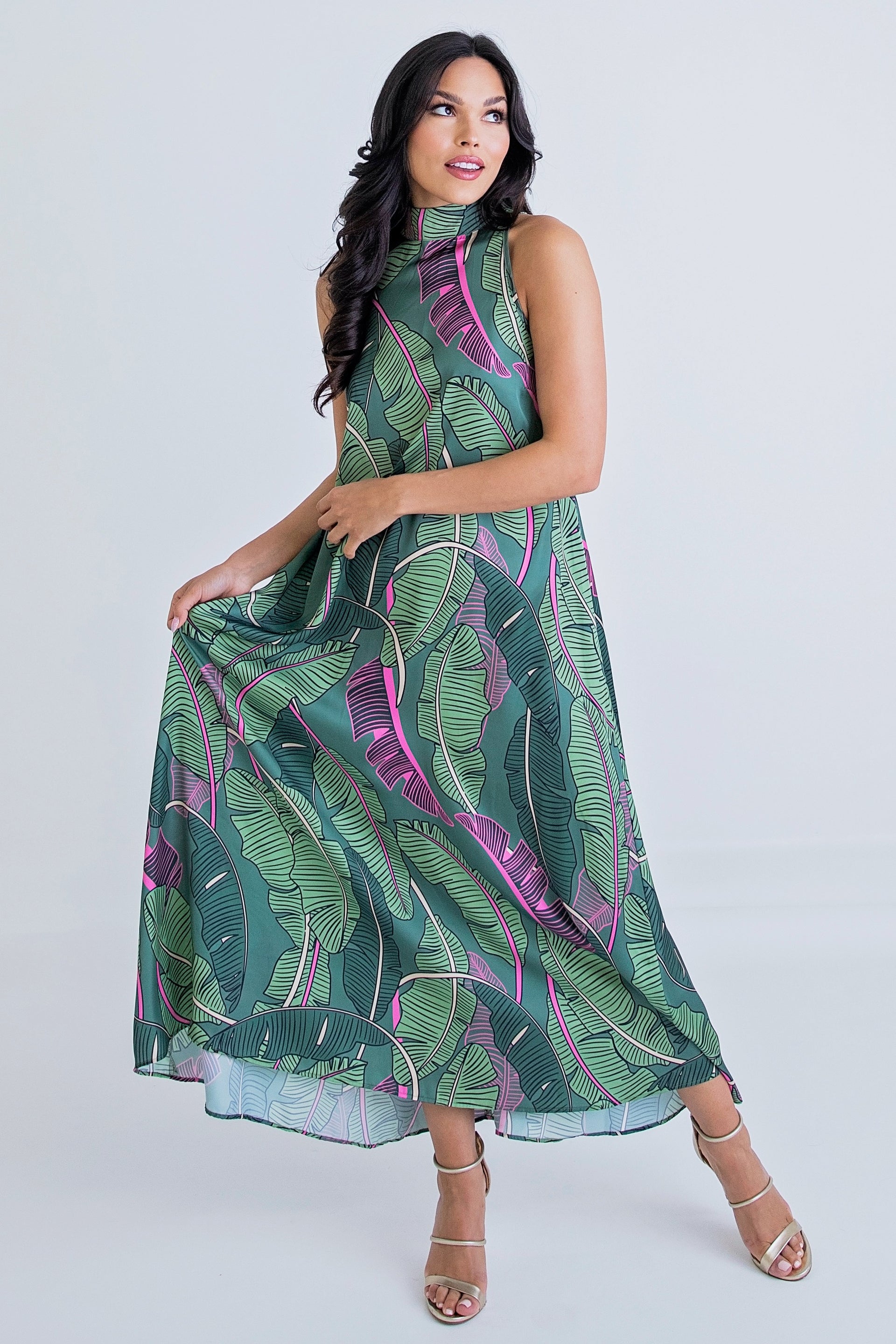 Green Leaf Print Halter Neck Maxi Dress Lucy Rose Green Leaf Print Halter Neck Maxi Dress Lucy Rose