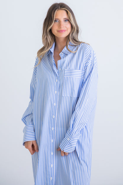 Blue Stripe Poplin Maxi Shirt Dress
