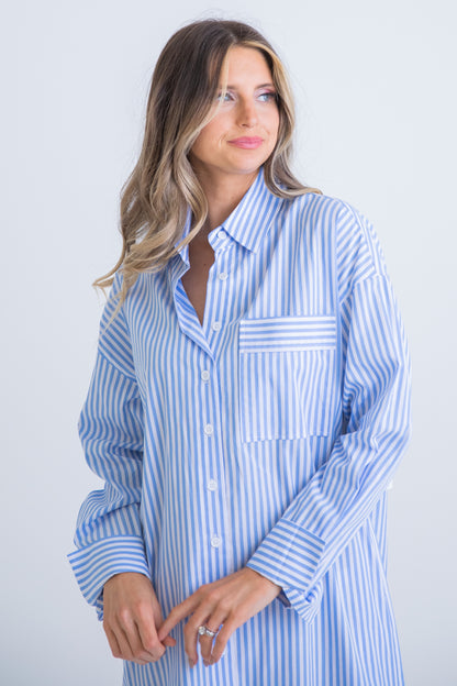 Blue Stripe Poplin Maxi Shirt Dress