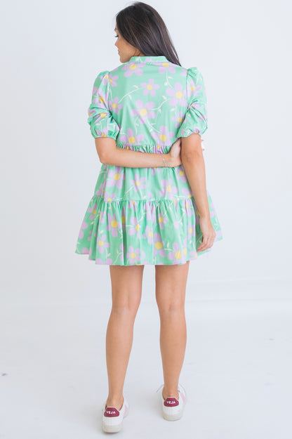 Green Daisy Babydoll Mini Dress