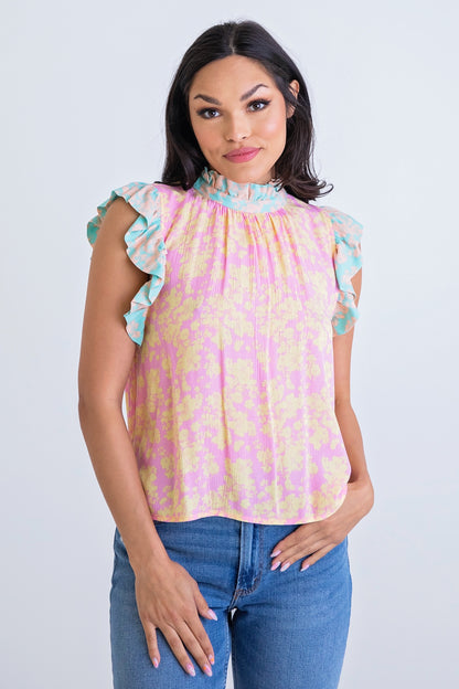 Pink/Yellow Mix Ruffle S/L Top