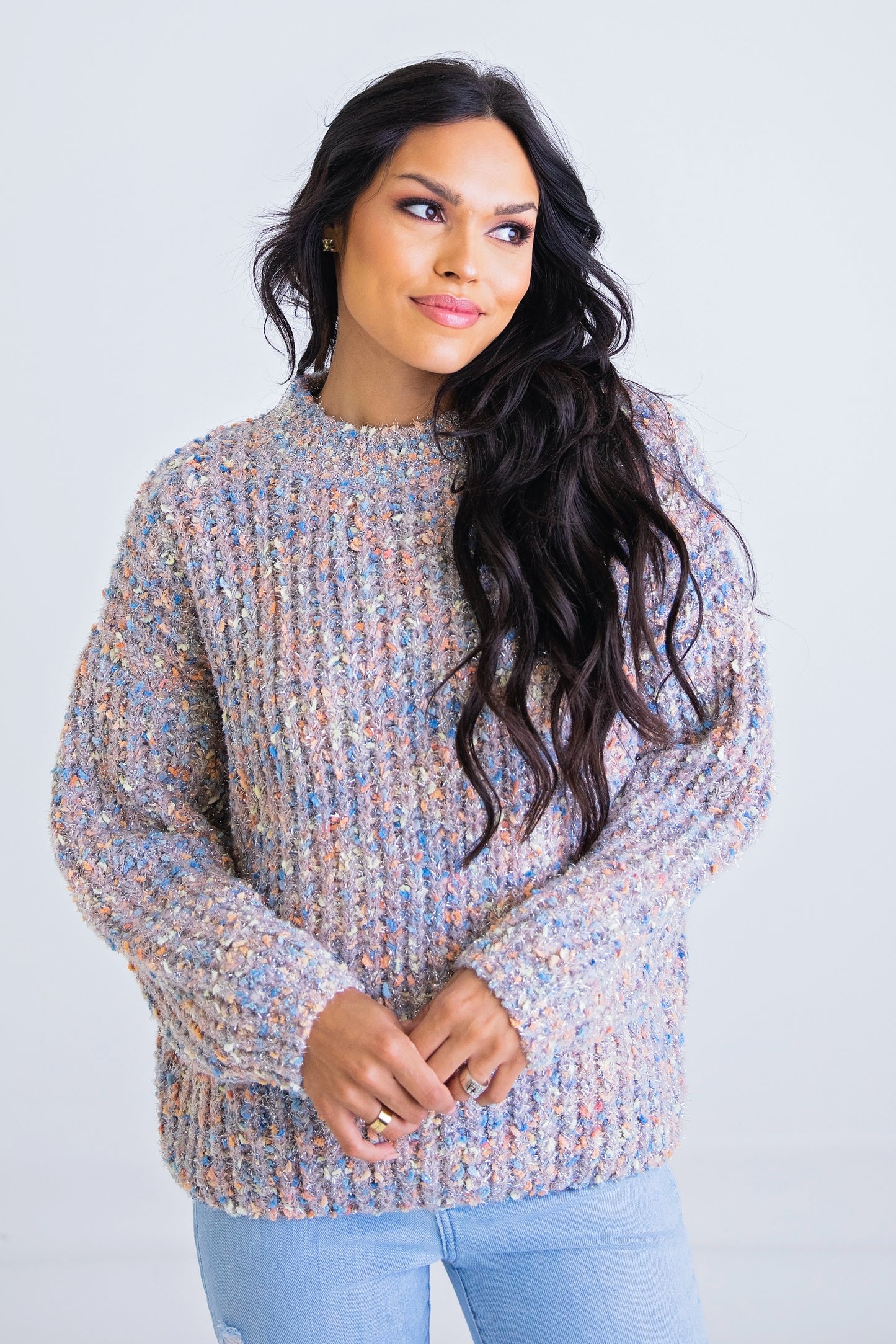 Multicolor Metallic Yarn Crew Neck Sweater
