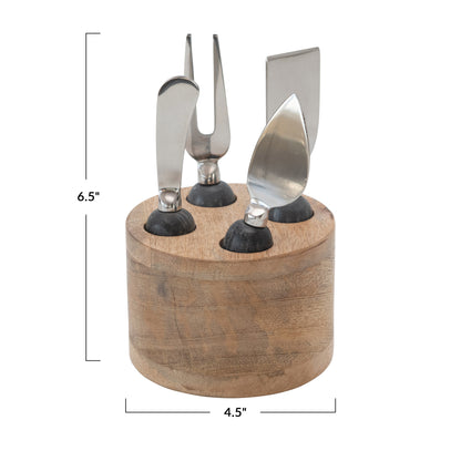 Set of 5 Cheese Servers in Mango Wood Stand