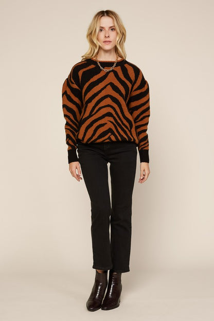 Brown/Black Zebra Print L/S Knit Sweater