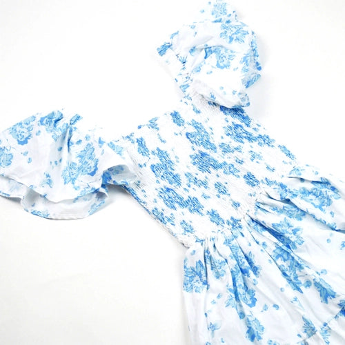 Blue Floral Smocked Flutter Slv Dress