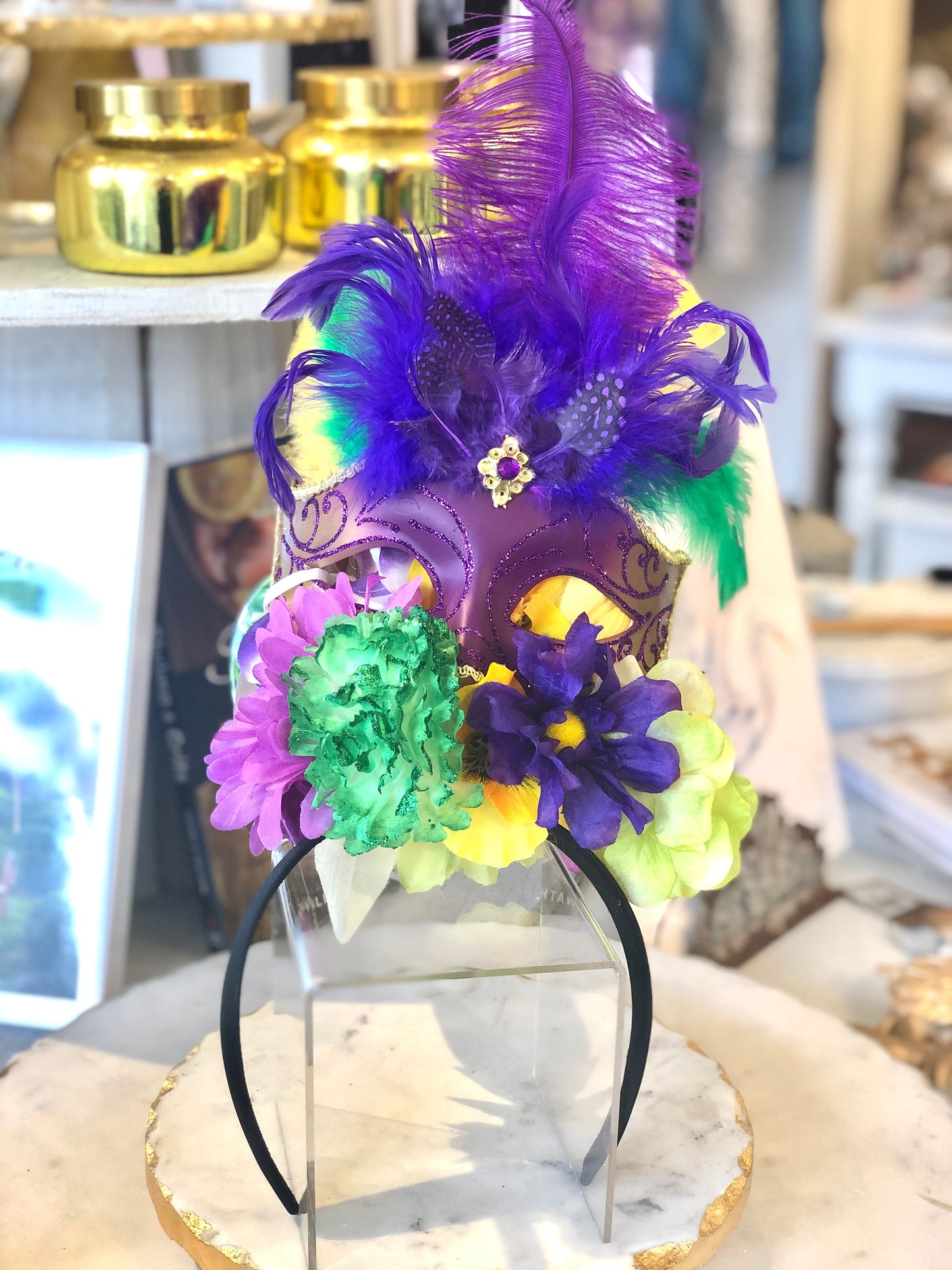 Mardi Gras Headpiece w/ Flowers/Purple Mask/Plumes