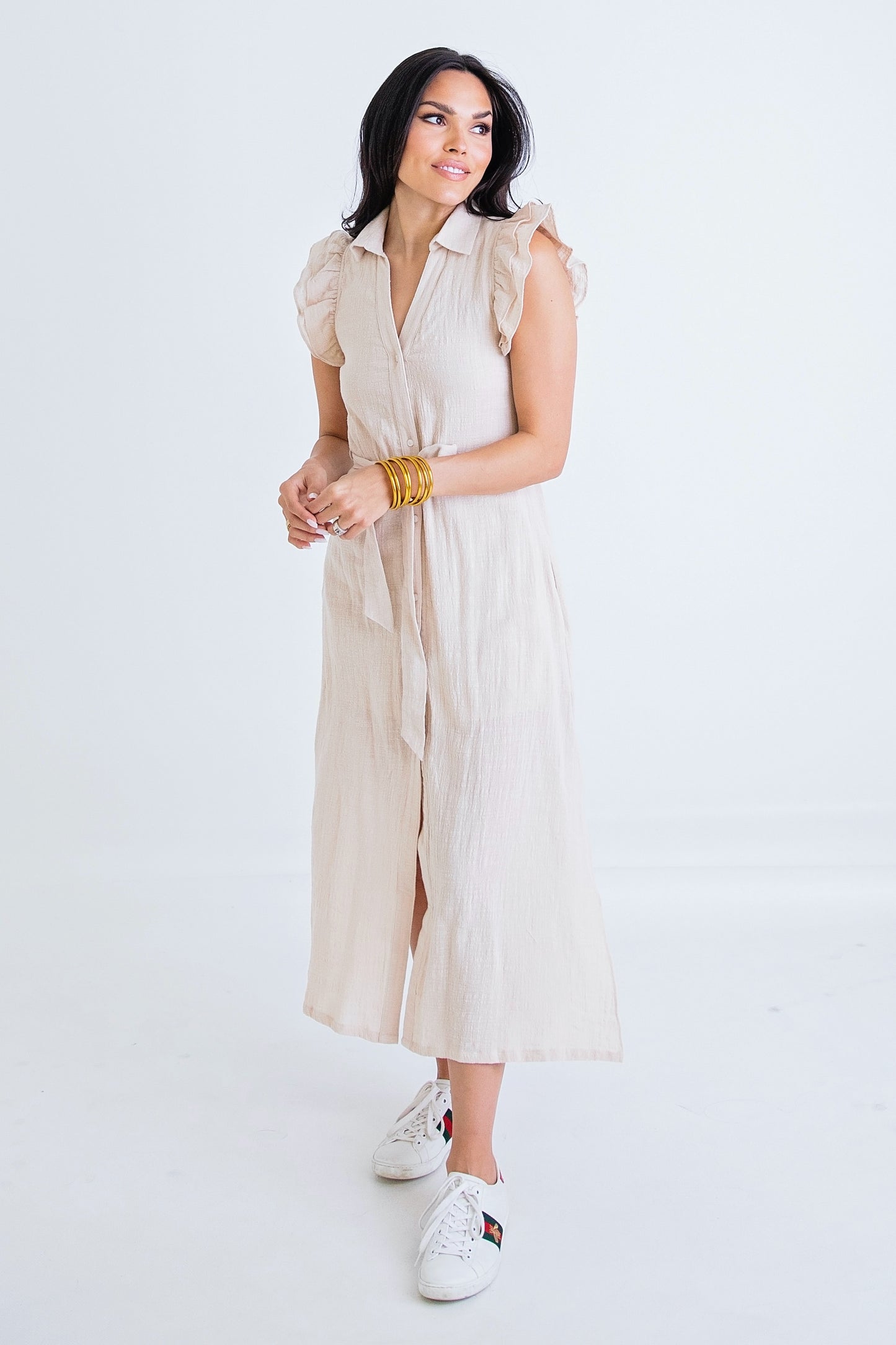 Taupe Linen Belted Maxi Dress