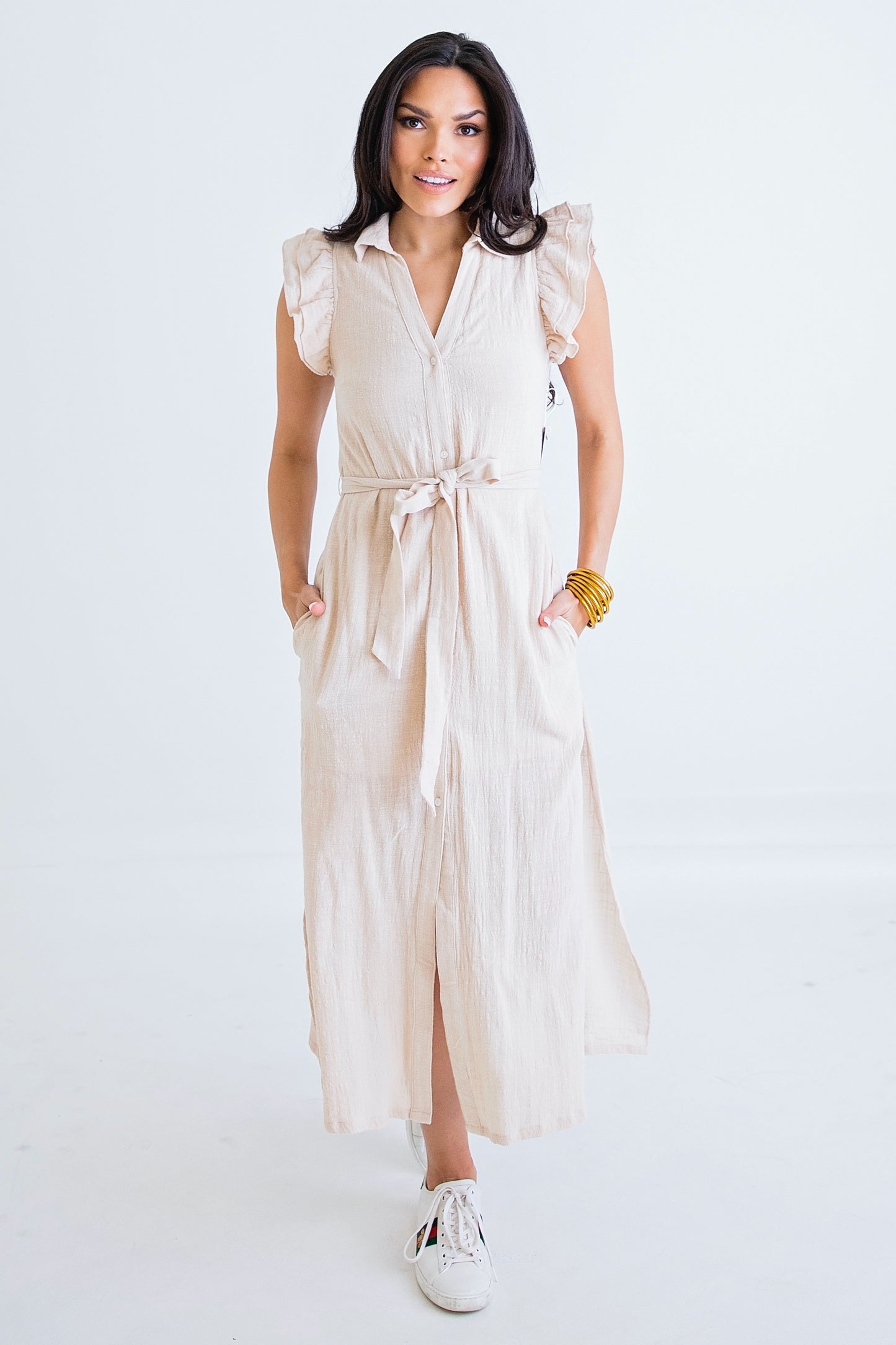 Taupe Linen Belted Maxi Dress