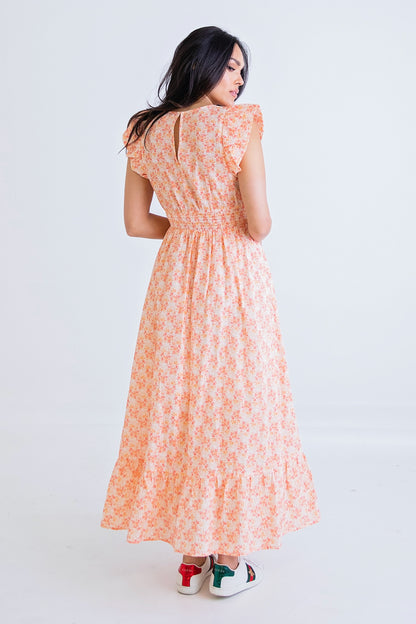 Orange Floral Poplin Ruffle Maxi Dress