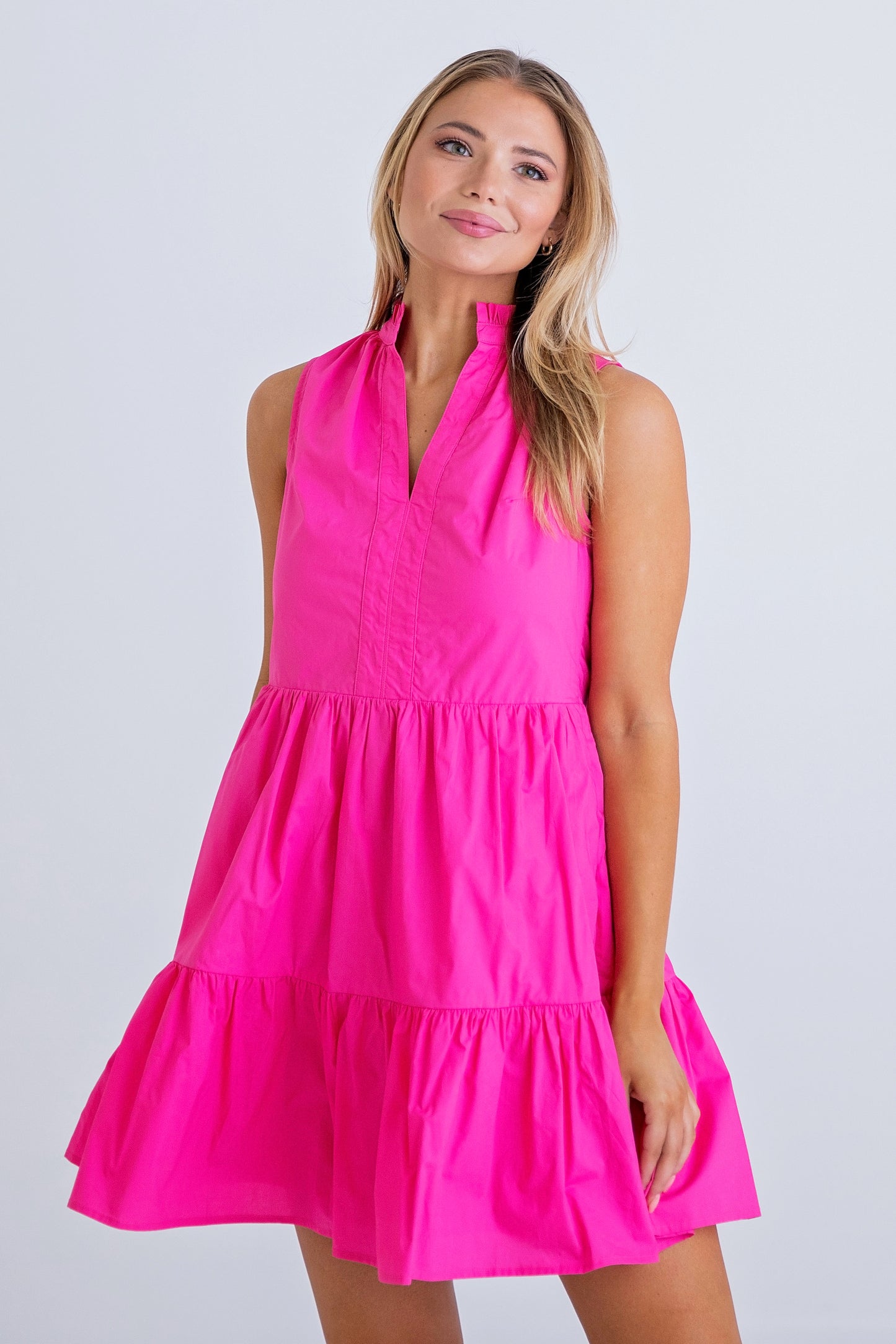 Hot Pink S/L Poplin Tiered Dress