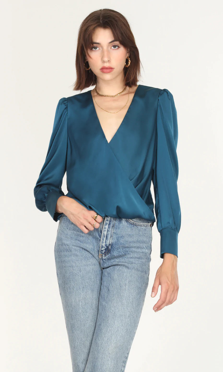Teal Lourdes Wrap Front Cuffed Blouse