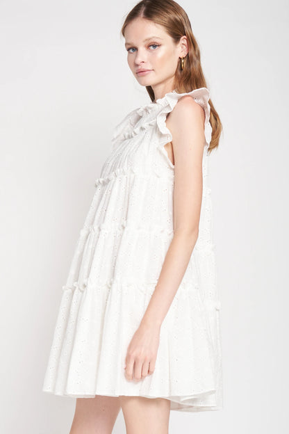 White Cotton Eyelet Tiered Mini Dress