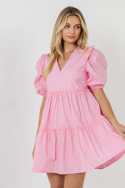 Pink Ruffle Detail Puff Sleeve Mini Dress