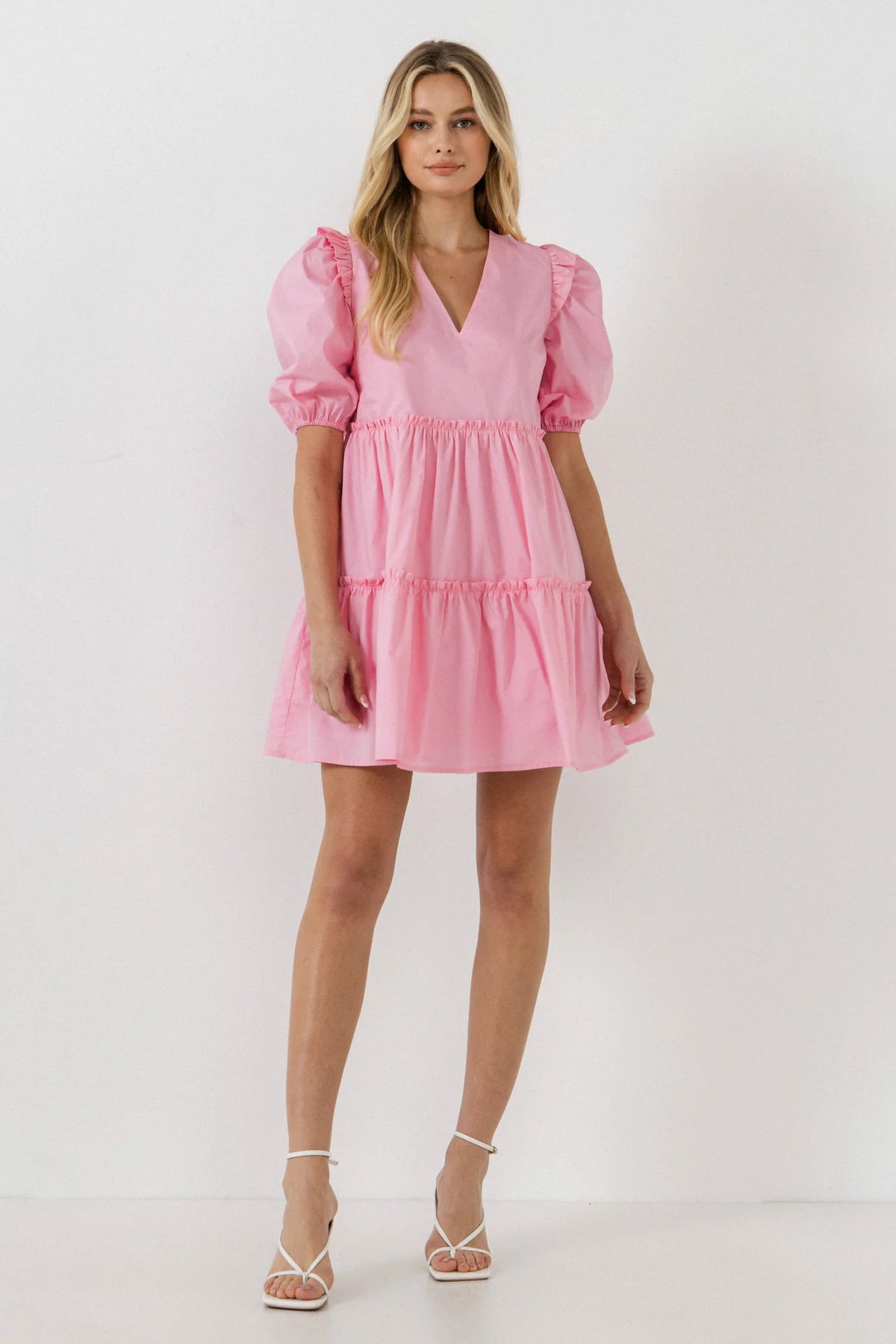 Pink Ruffle Detail Puff Sleeve Mini Dress