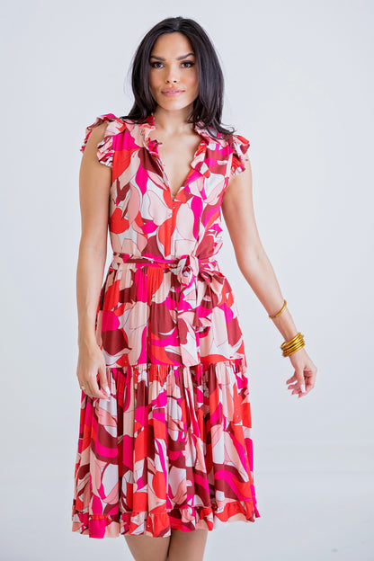 Fuchsia Floral S/S Tiered Tie Dress
