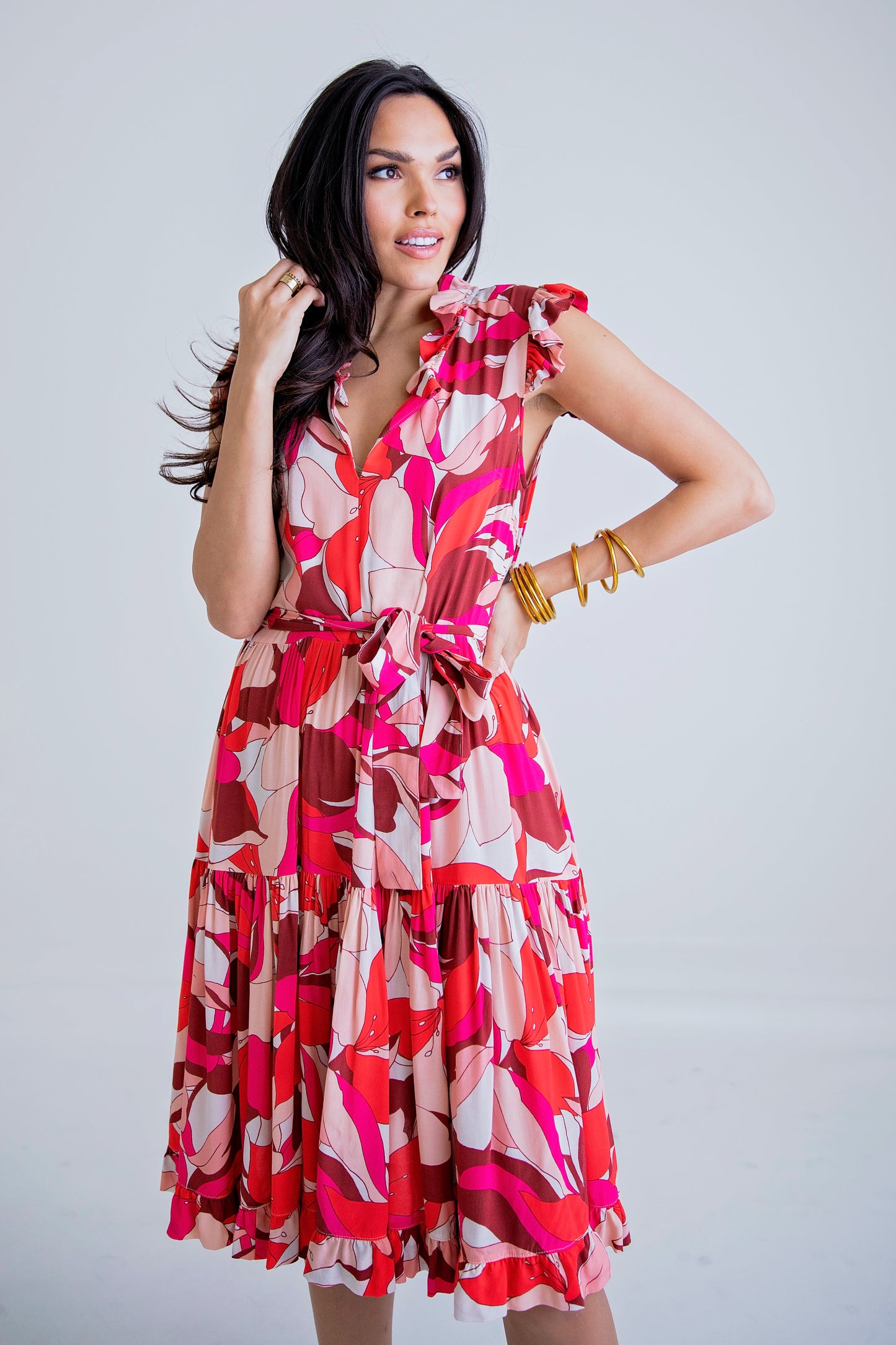 Fuchsia Floral S/S Tiered Tie Dress