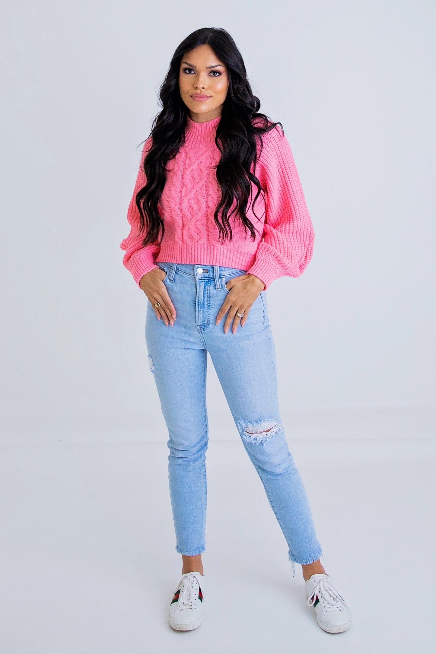Pink Cable Mock Sweater