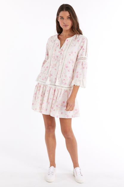 White/Pink Embroidered Drop Waist Dress