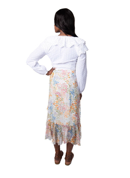 White Multi Floral Ruffle Wrap Skirt