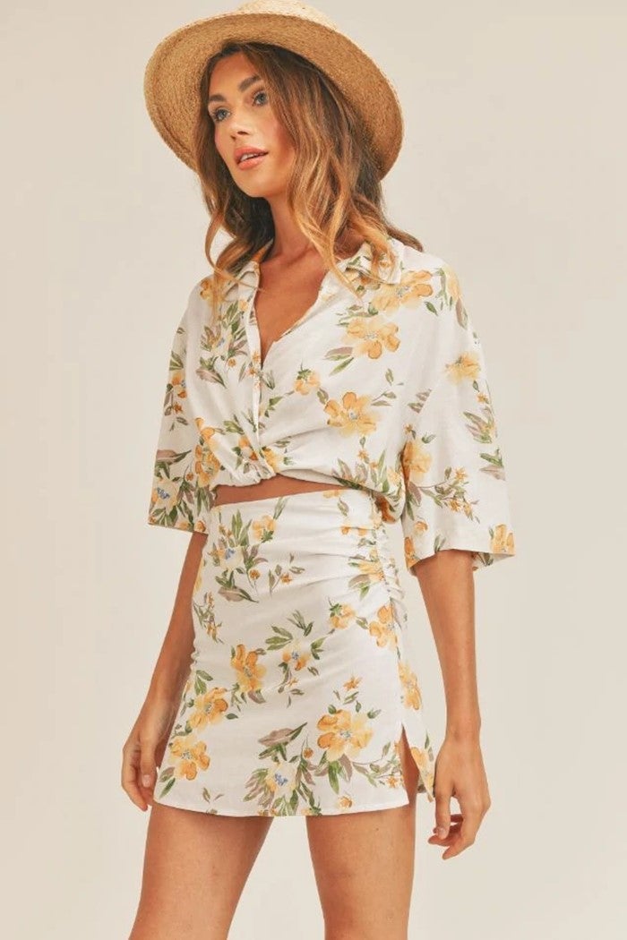 Yellow Floral Ruched Mini Skirt