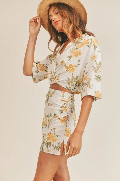 Yellow Floral Ruched Mini Skirt