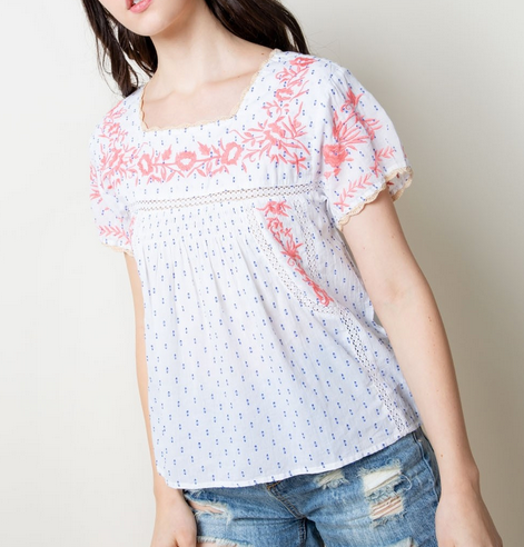 White/Blue Pattern Top w/ Peach Embroidery